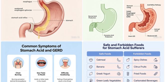 Ilustrasi proses naiknya asam lambung ke kerongkongan pada kondisi GERD