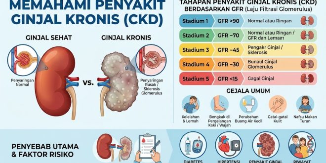 Ilustrasi tahapan penurunan fungsi pada kasus penyakit ginjal kronis dari ringan hingga berat